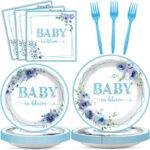 Baby Girl Boy 24 Guest Paper Plate Blue Flower Decorations Disposables Dinnerware Sets for Baby Shower Tableware Party Supplies