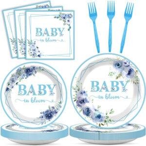 Baby Girl Boy 24 Guest Paper Plate Blue Flower Decorations Disposables Dinnerware Sets for Baby Shower Tableware Party Supplies